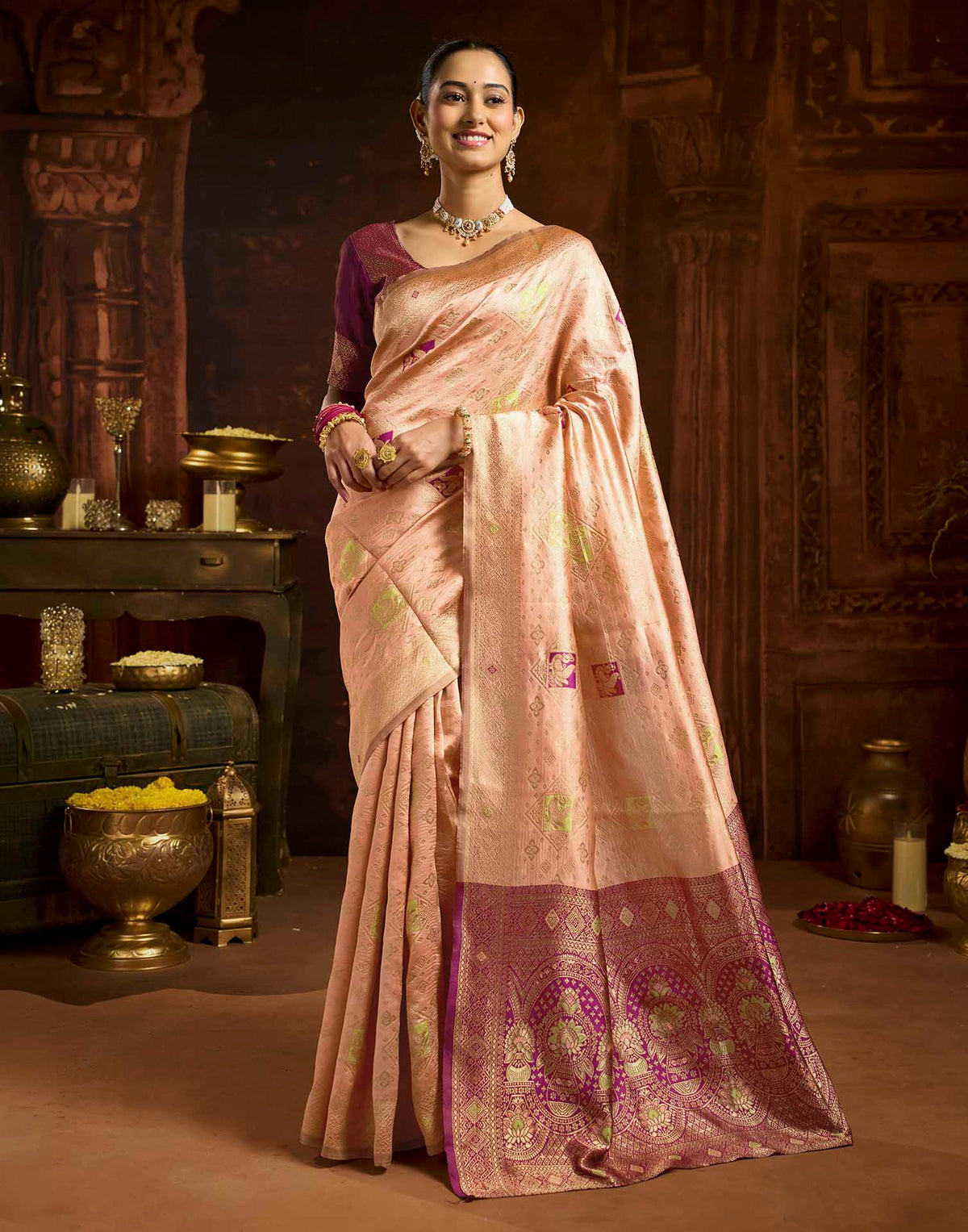 Peach Silk Woven Banarasi Saree