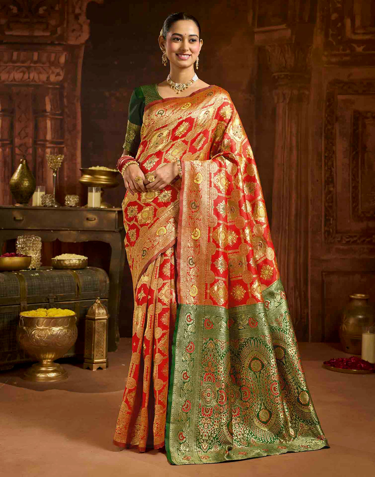 Bright Red Silk Woven Banarasi Saree