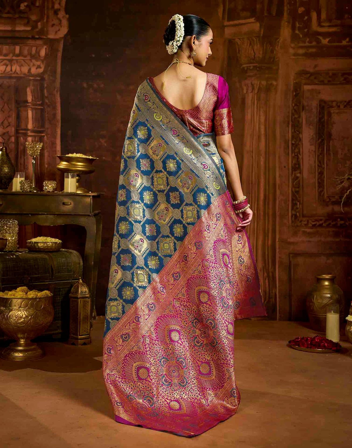 Peacock Blue Silk Woven Banarasi Saree
