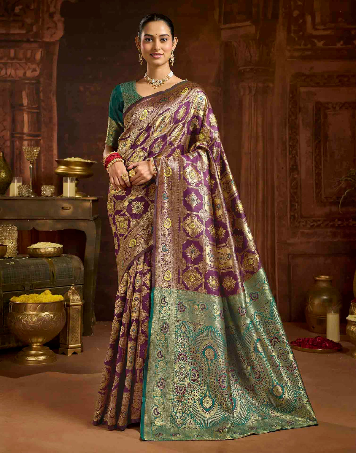 Wine Silk Woven Banarasi Saree
