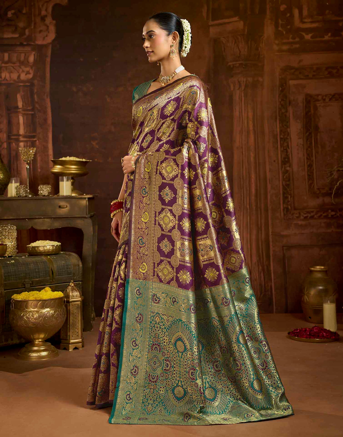 Wine Silk Woven Banarasi Saree
