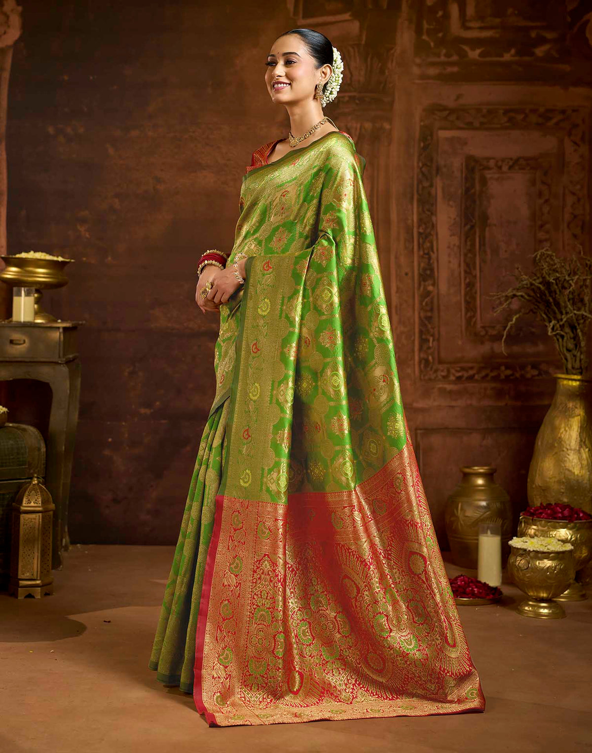 Parrot Green Silk Woven Banarasi Saree