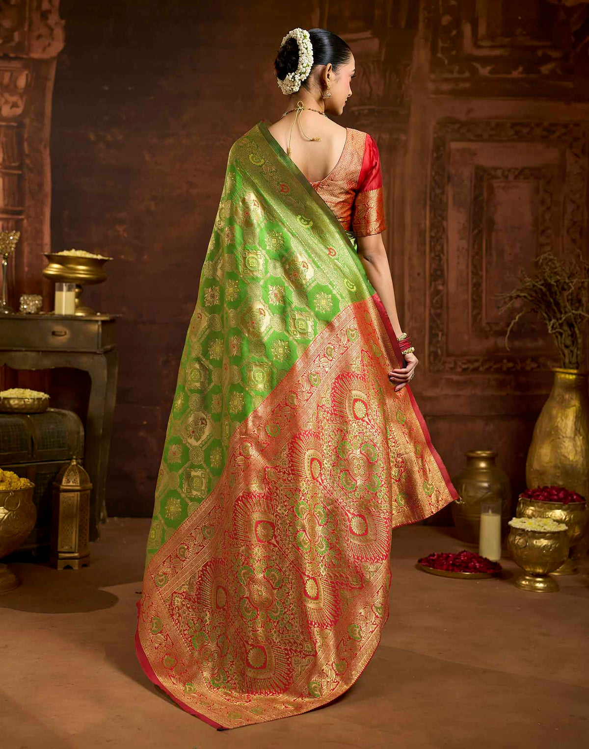 Parrot Green Silk Woven Banarasi Saree