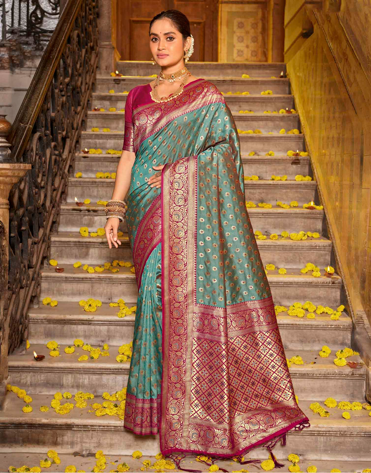 Teal Green Silk Woven Banarasi Saree