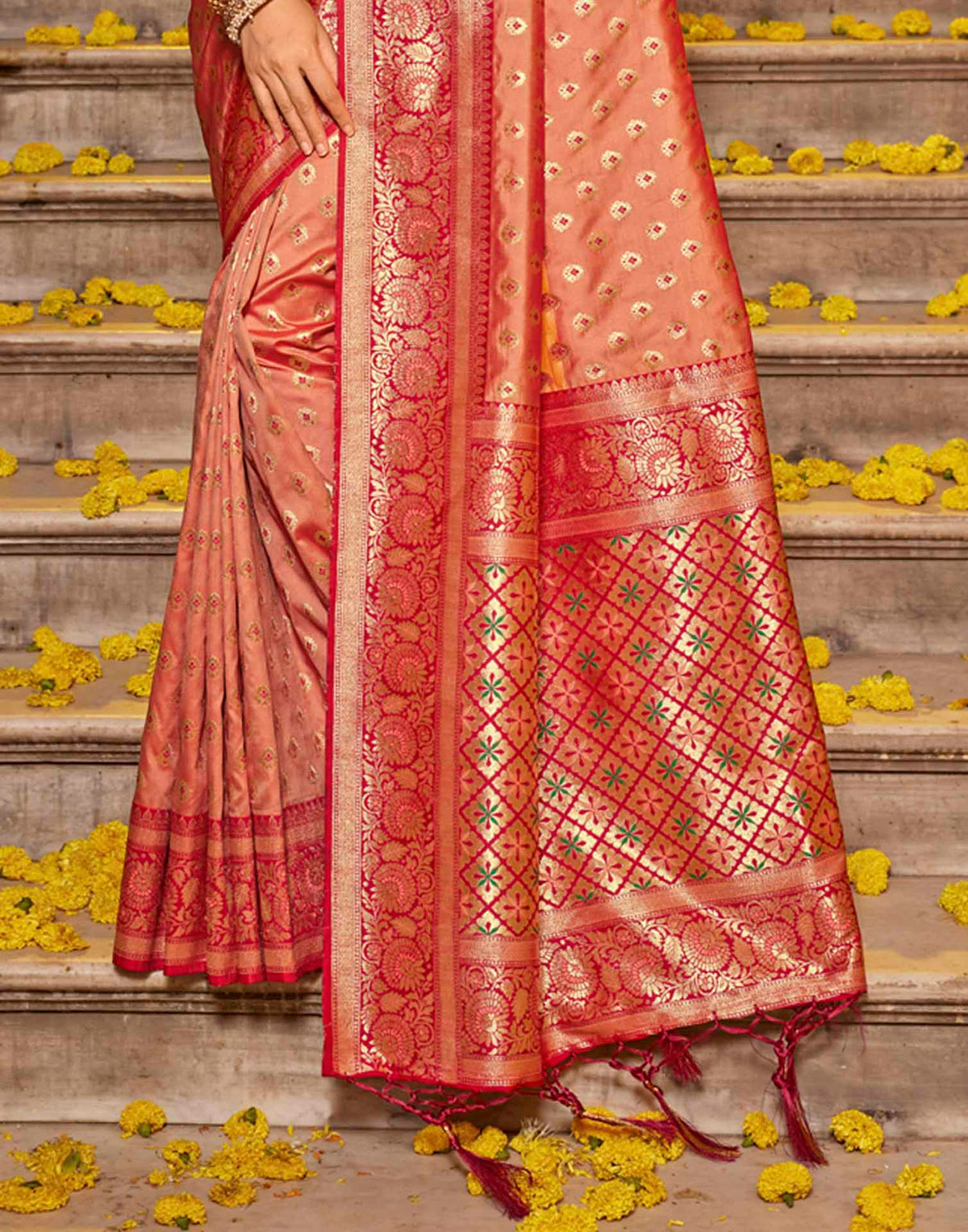 Peach Silk Woven Banarasi Saree