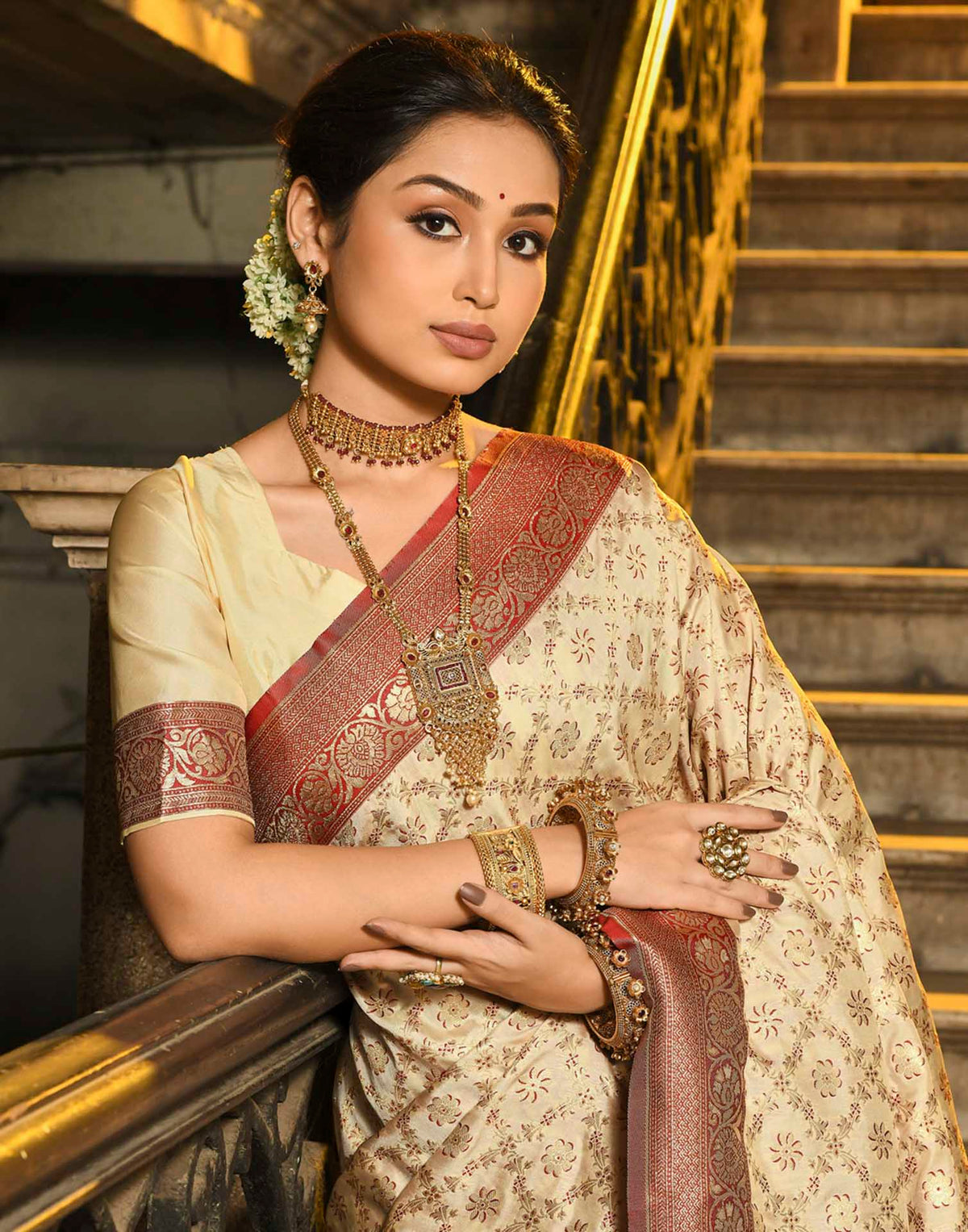 Champagne Beige Silk Woven Banarasi Saree
