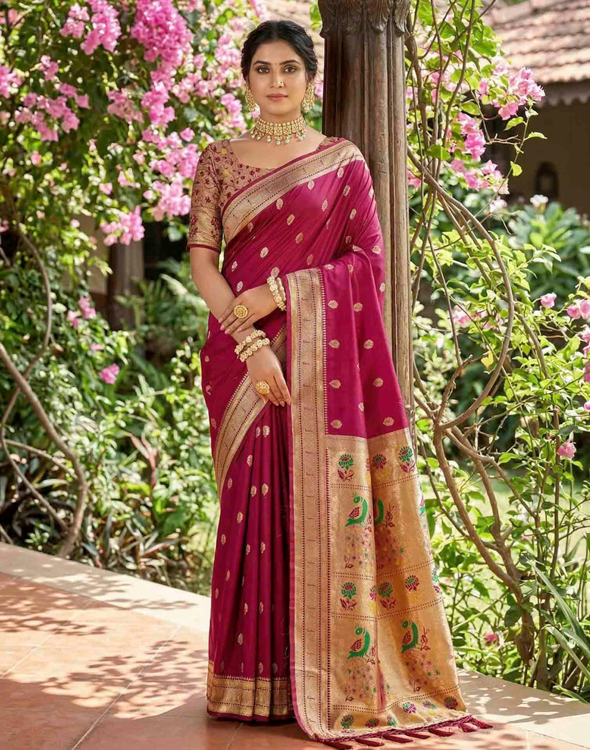 Burgundy Pink Soft Silk Woven Paithani Saree