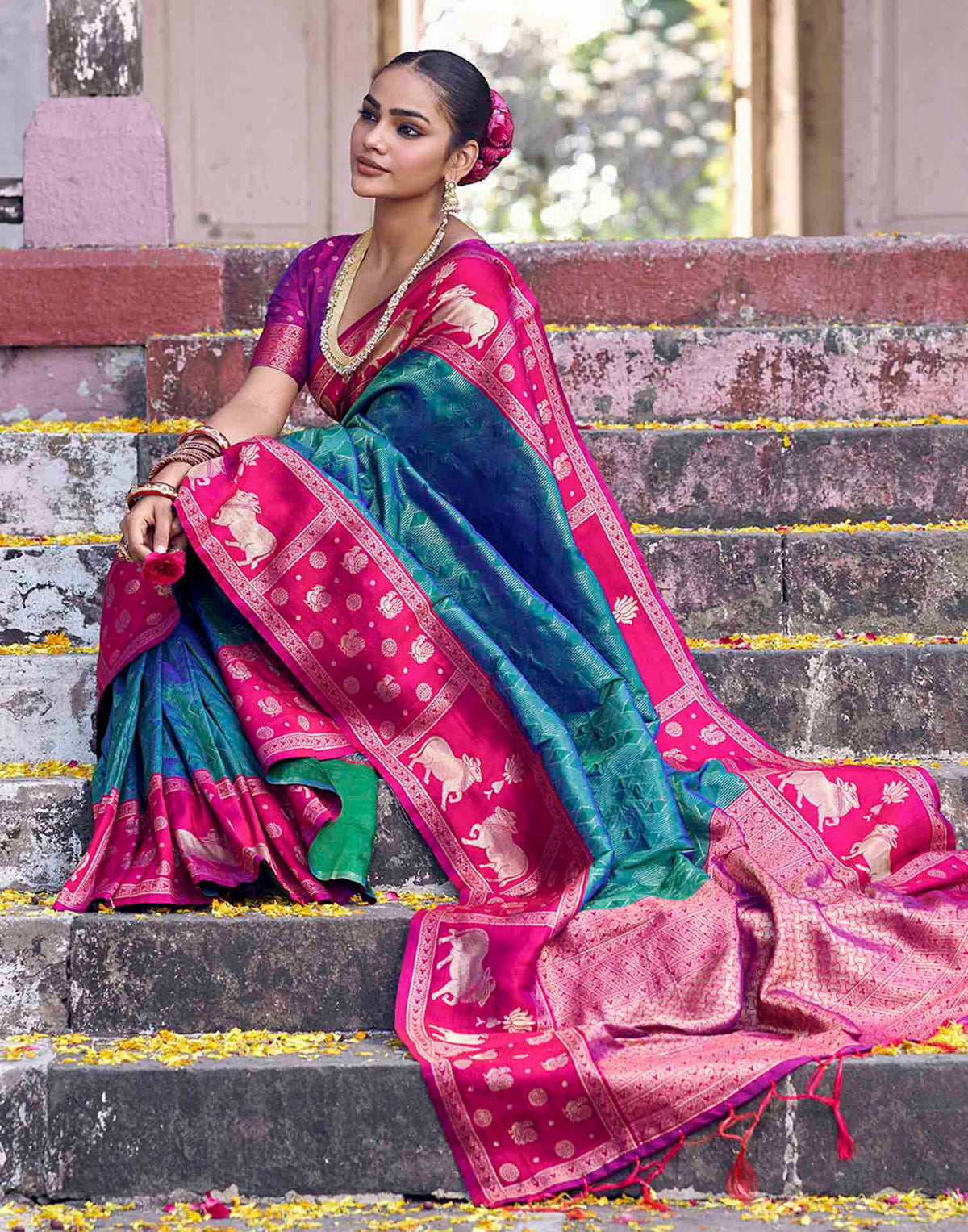 Teal Green Nanditarang Silk Woven Banarasi Saree