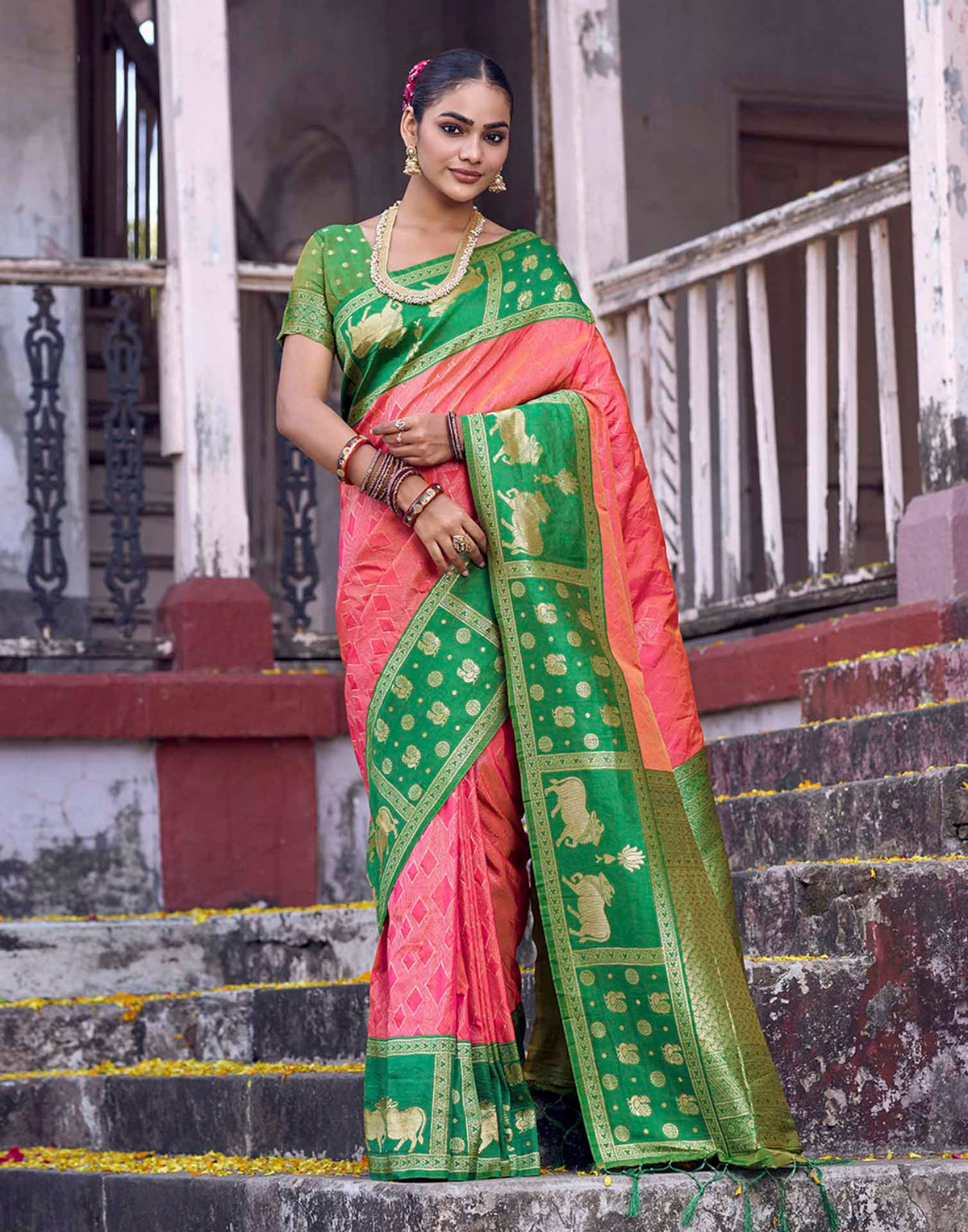 Coral Pink Nanditarang Silk Woven Banarasi Saree