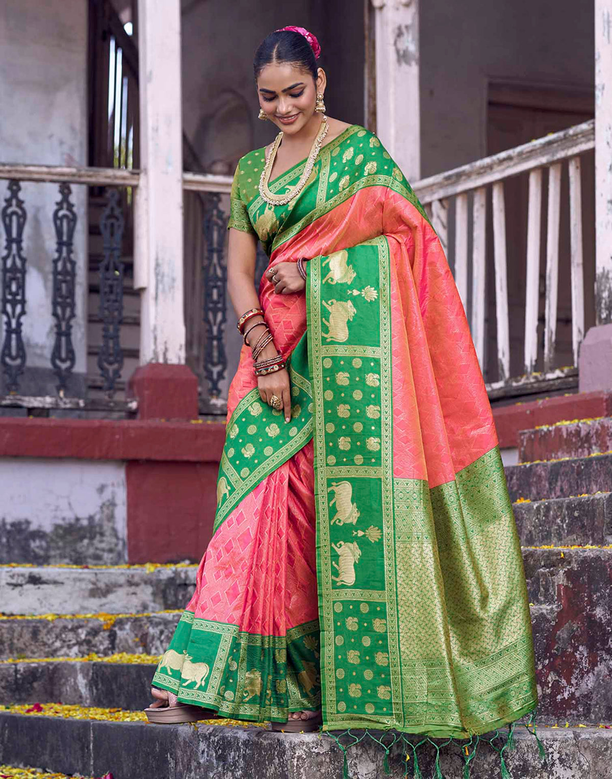 Coral Pink Nanditarang Silk Woven Banarasi Saree