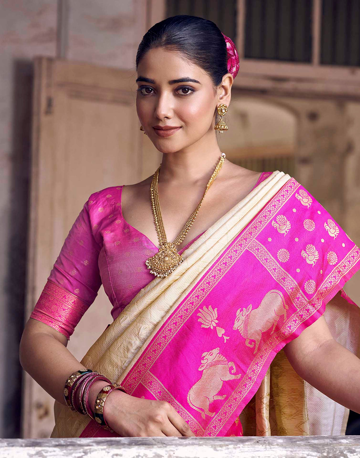Beige Nanditarang Silk Woven Banarasi Saree