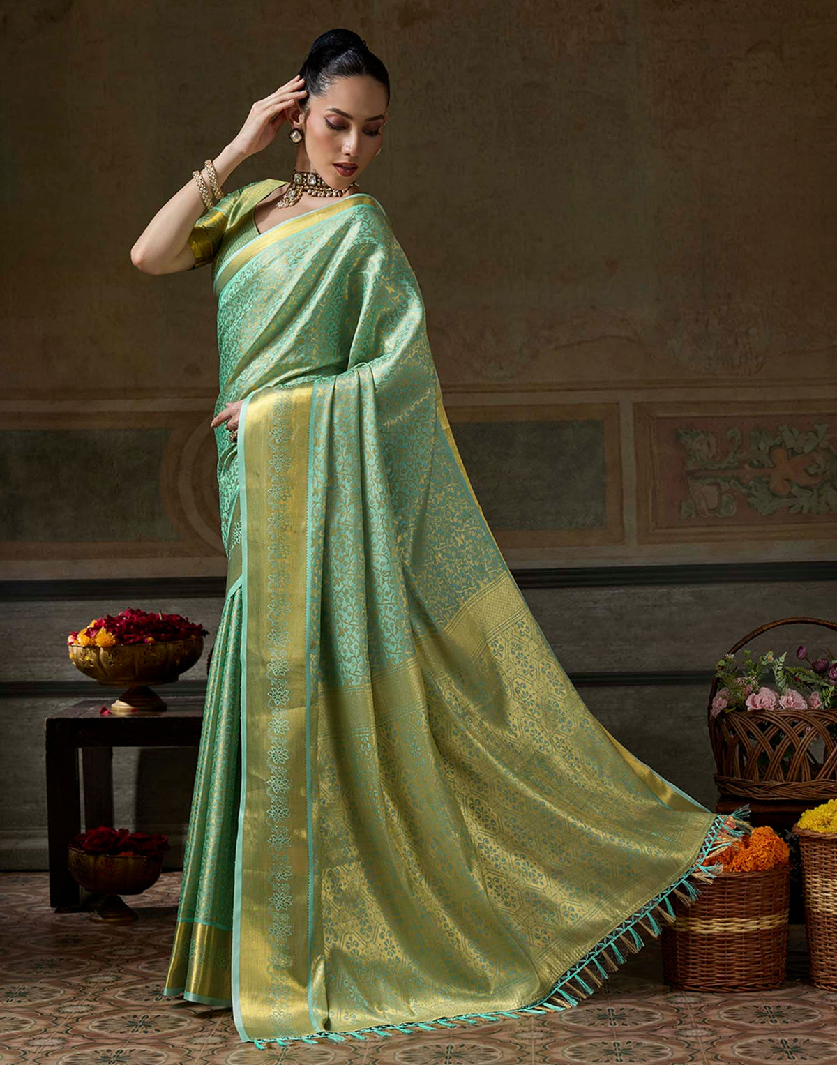 Mint Green Silk Woven Kanjivaram Saree