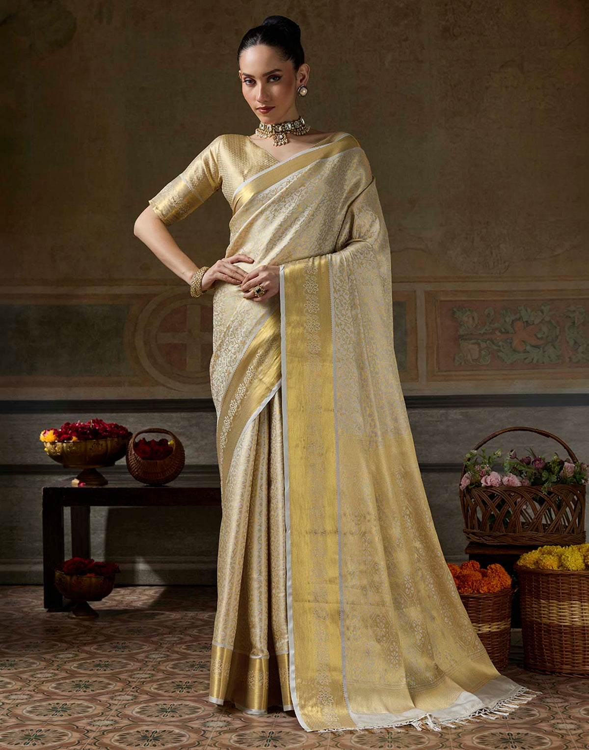 Beige Silk Woven Kanjivaram Saree