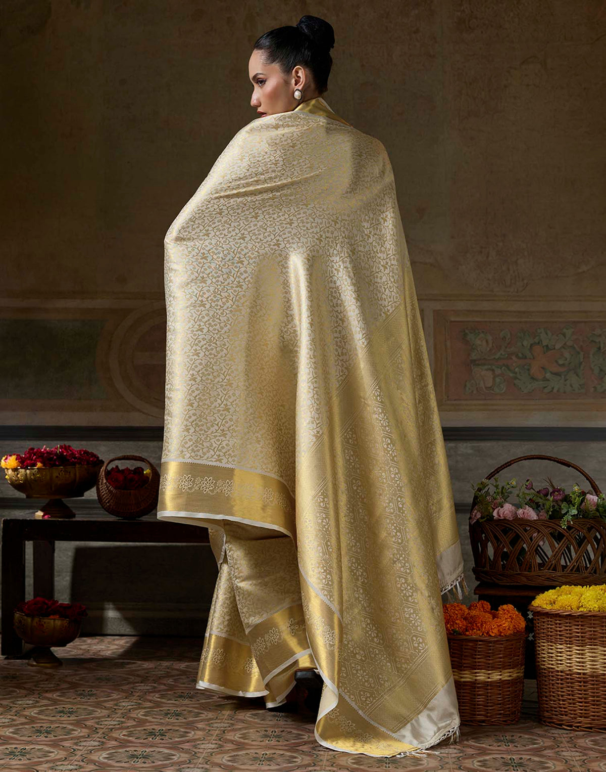 Beige Silk Woven Kanjivaram Saree