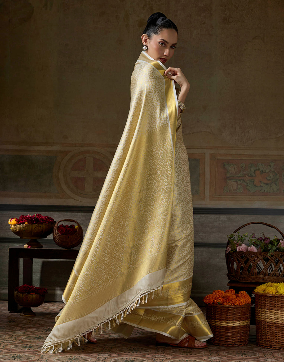 Beige Silk Woven Kanjivaram Saree