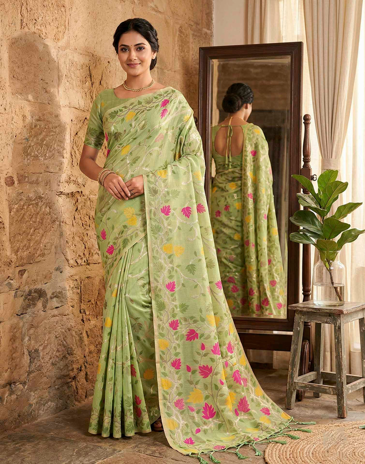 Mint Green Linen Woven Floral Printed Saree