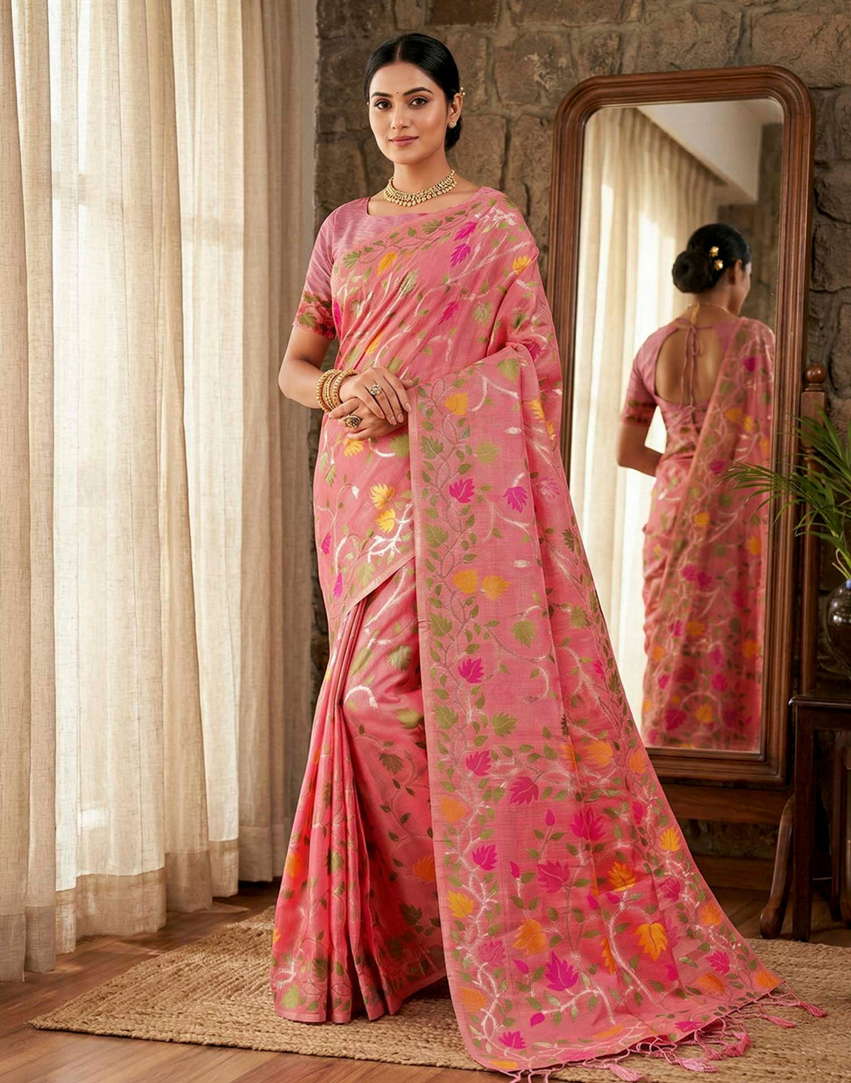 Dusty Rose Pink Linen Woven Floral Printed Saree