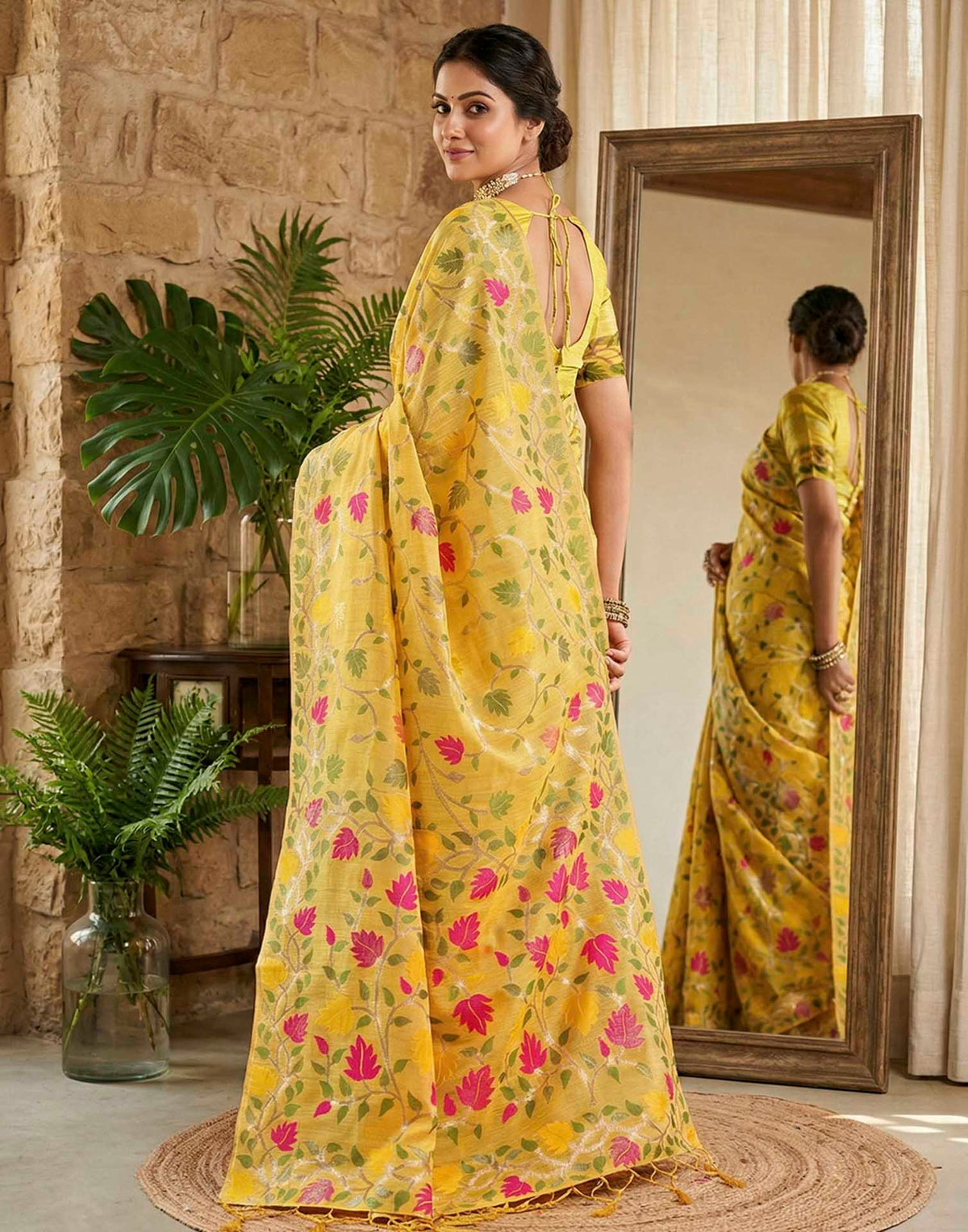 Yellow Linen Woven Floral Printed Saree