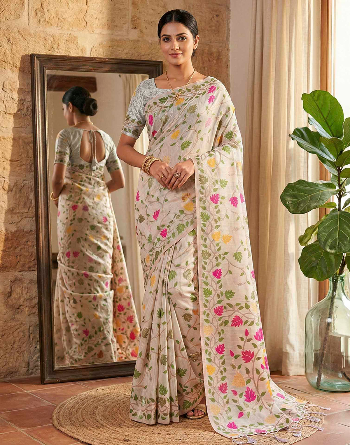 Off White Linen Woven Floral Printed Saree