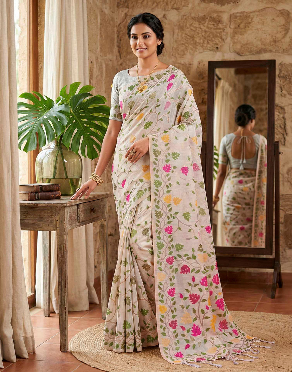 Off White Linen Woven Floral Printed Saree
