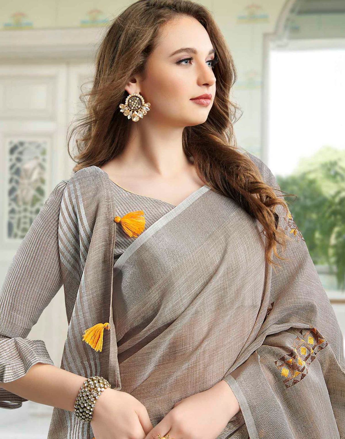 Brown Linen Woven Floral Printed Saree