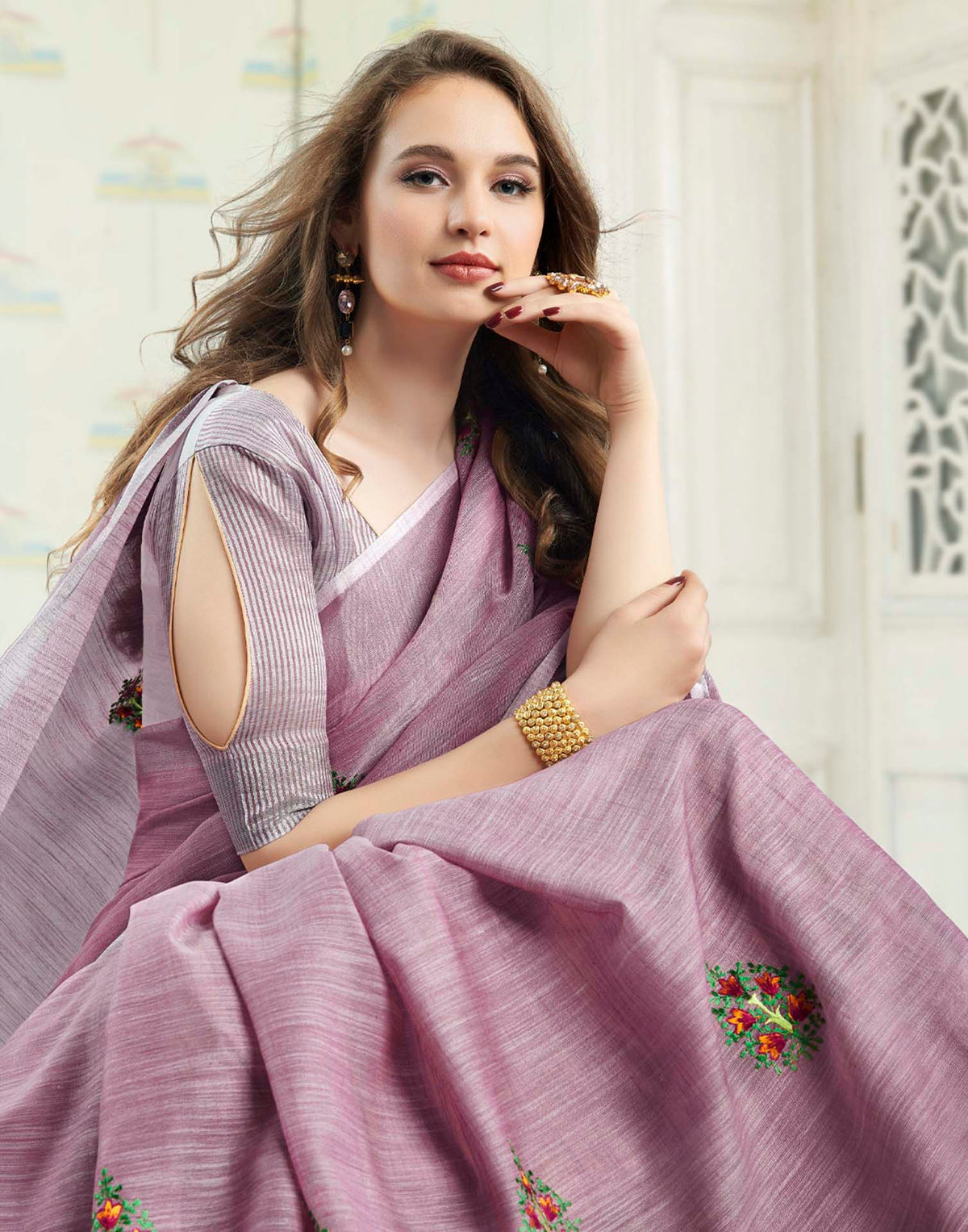 Light Purple Linen Woven Floral Printed Saree