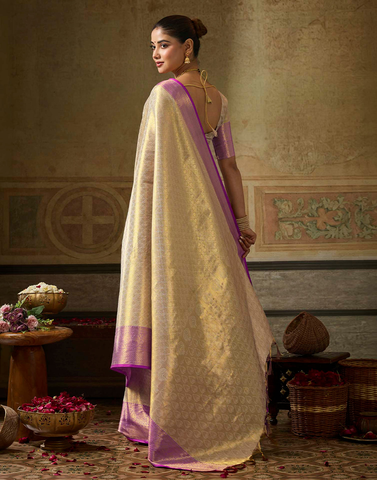 Beige Silk Woven Kanjivaram Saree