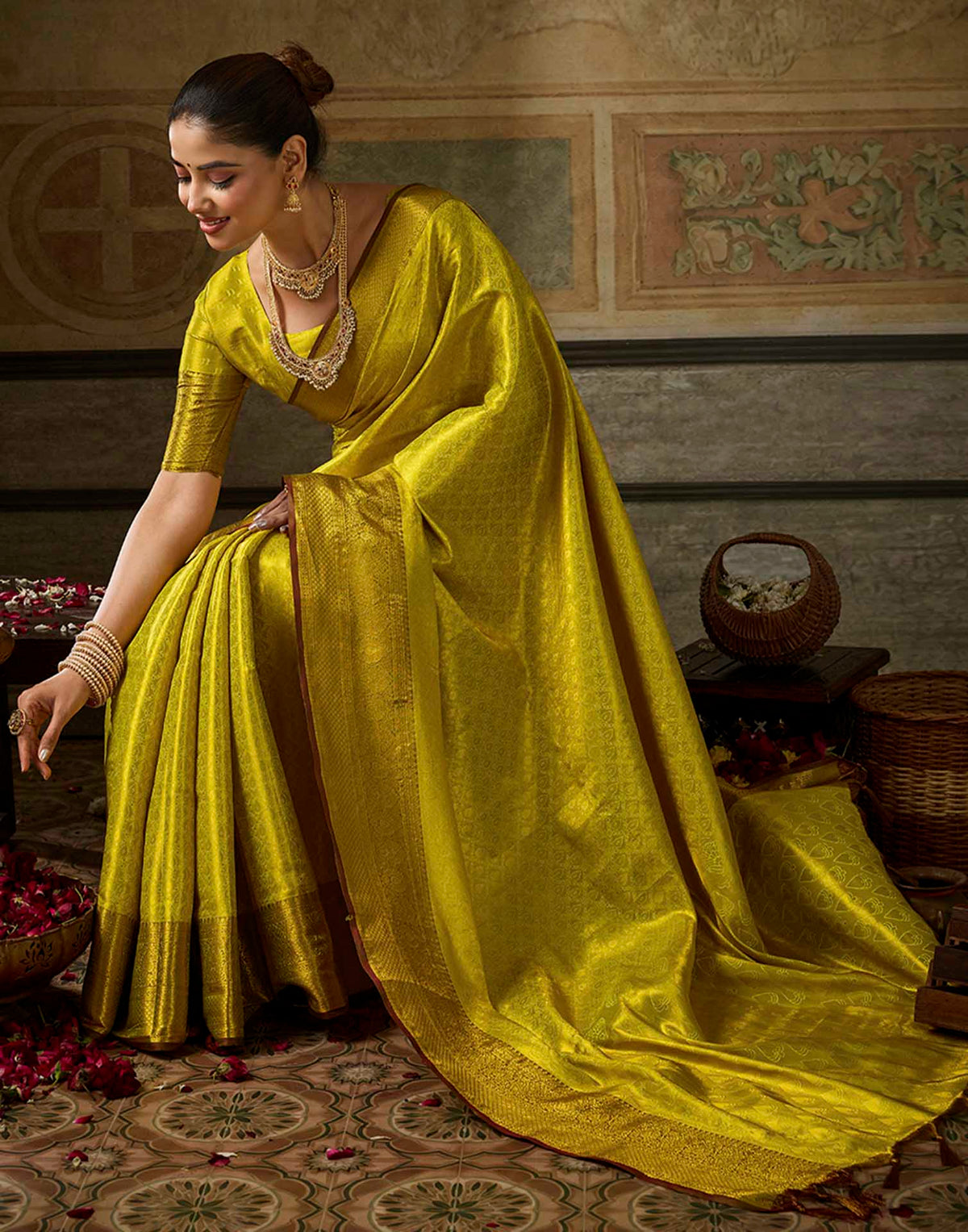 Lime Green Silk Woven Kanjivaram Saree