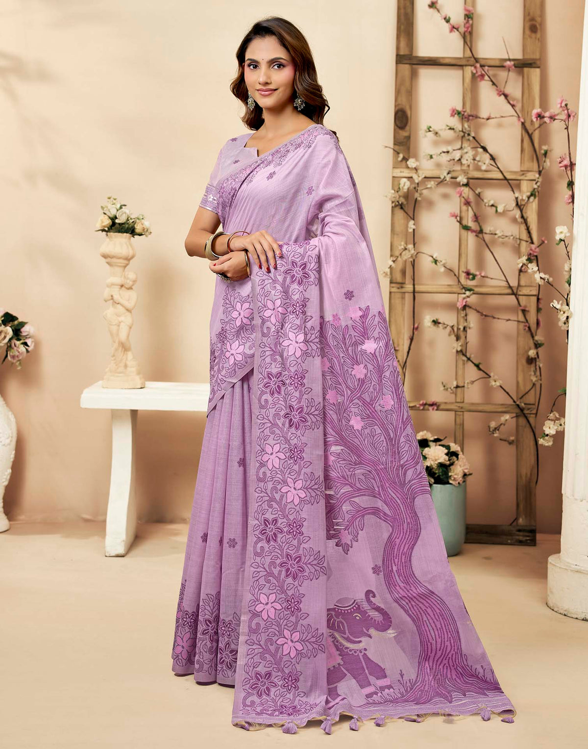 Light Purple Cotton Woven Floral Printed Saree