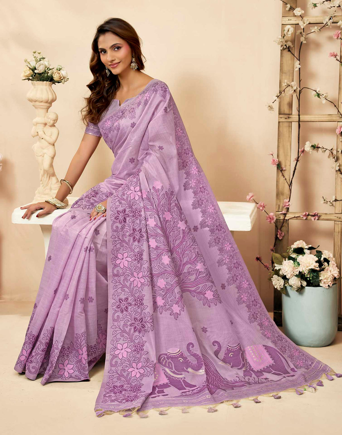 Light Purple Cotton Woven Floral Printed Saree