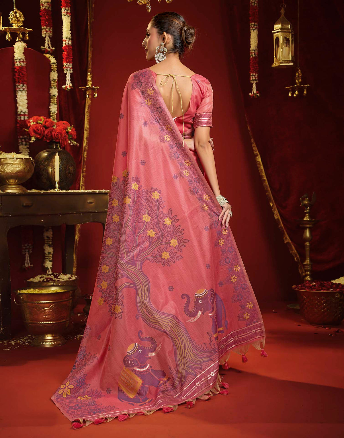 Baby Pink Cotton Woven Floral Printed Saree