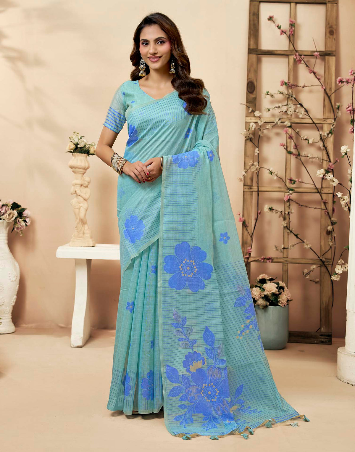 Sky Blue Cotton Woven Floral Printed Saree