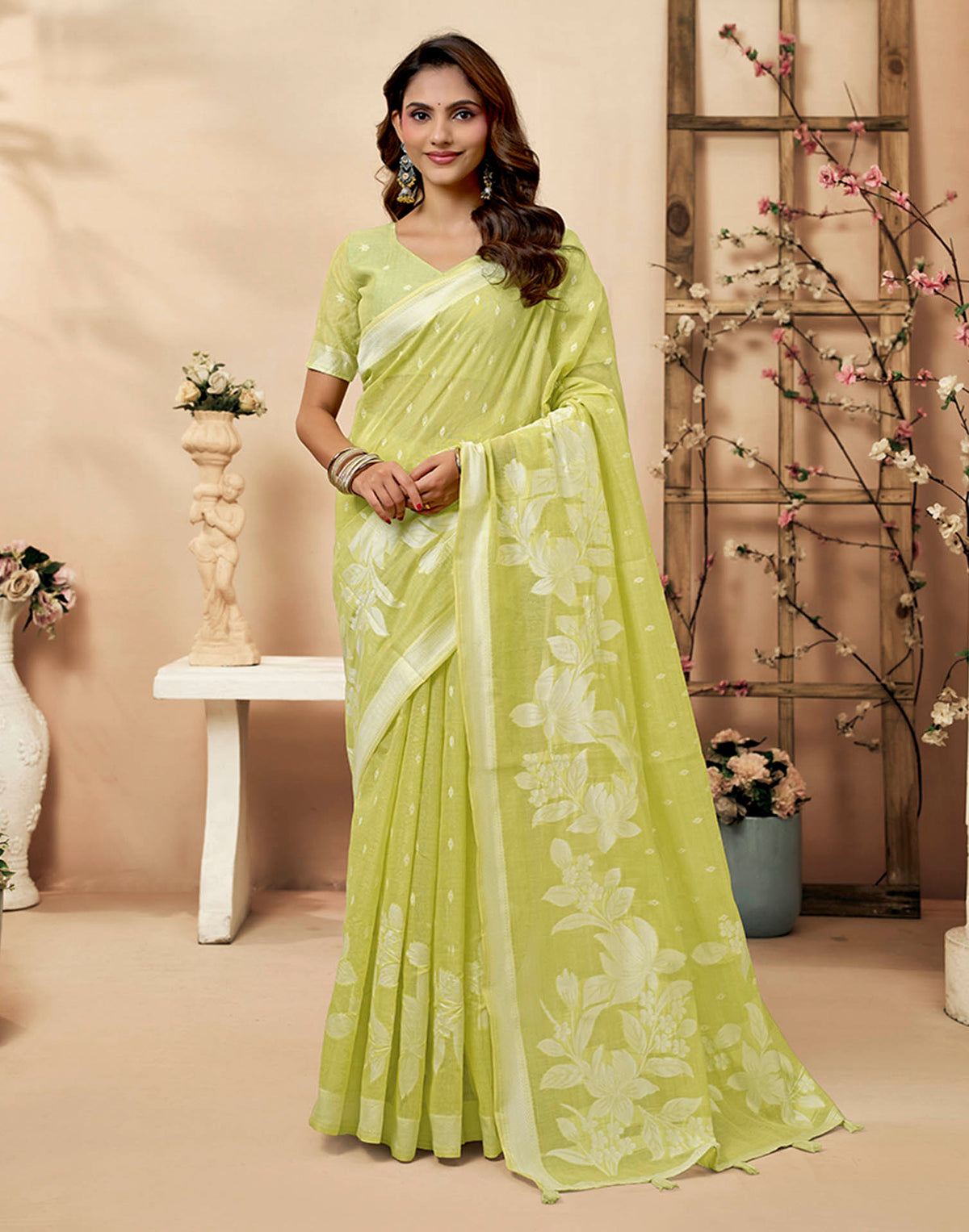 Light Green Cotton Woven Floral Printed Saree