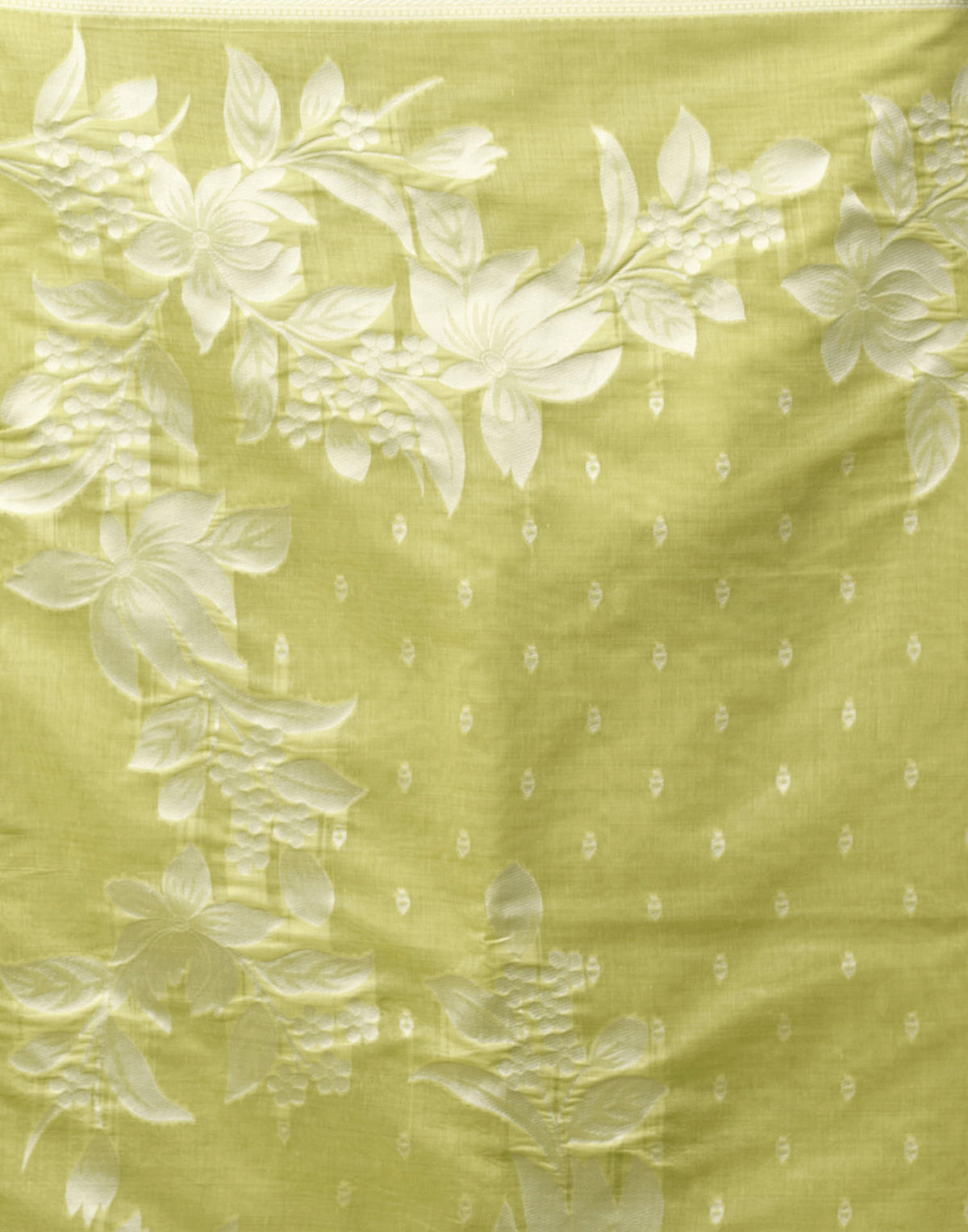 Light Green Cotton Woven Floral Printed Saree