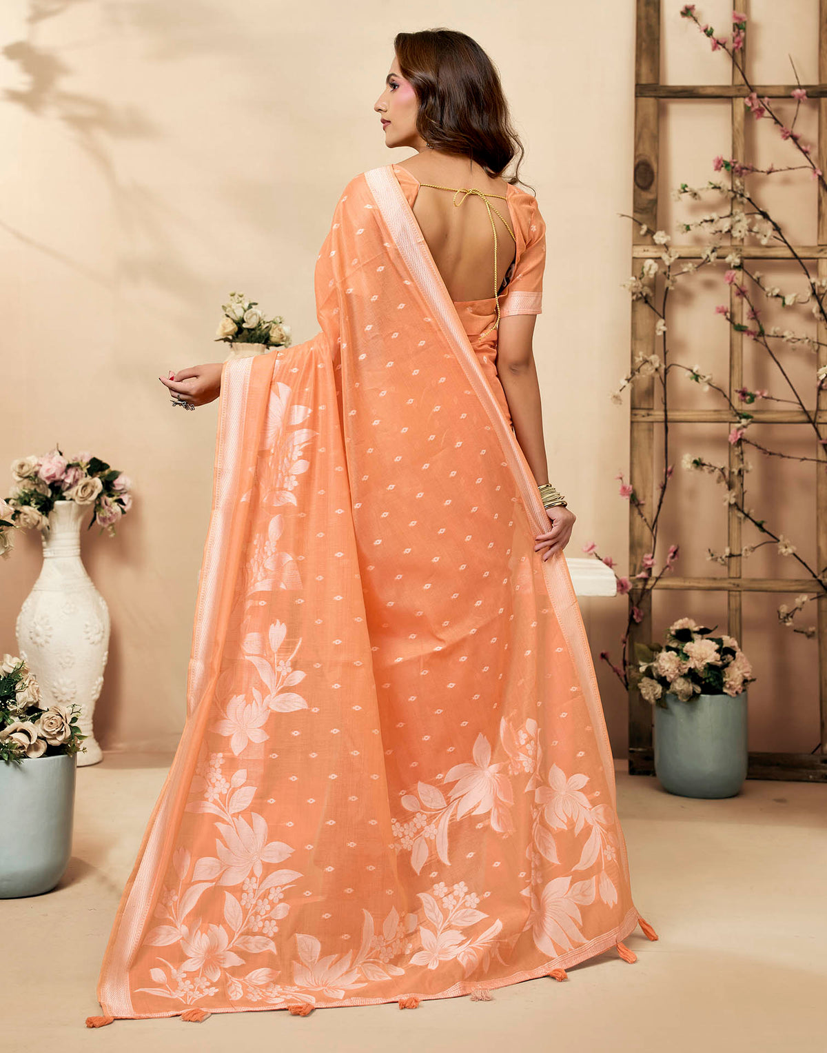 Peach Cotton Woven Floral Printed Saree