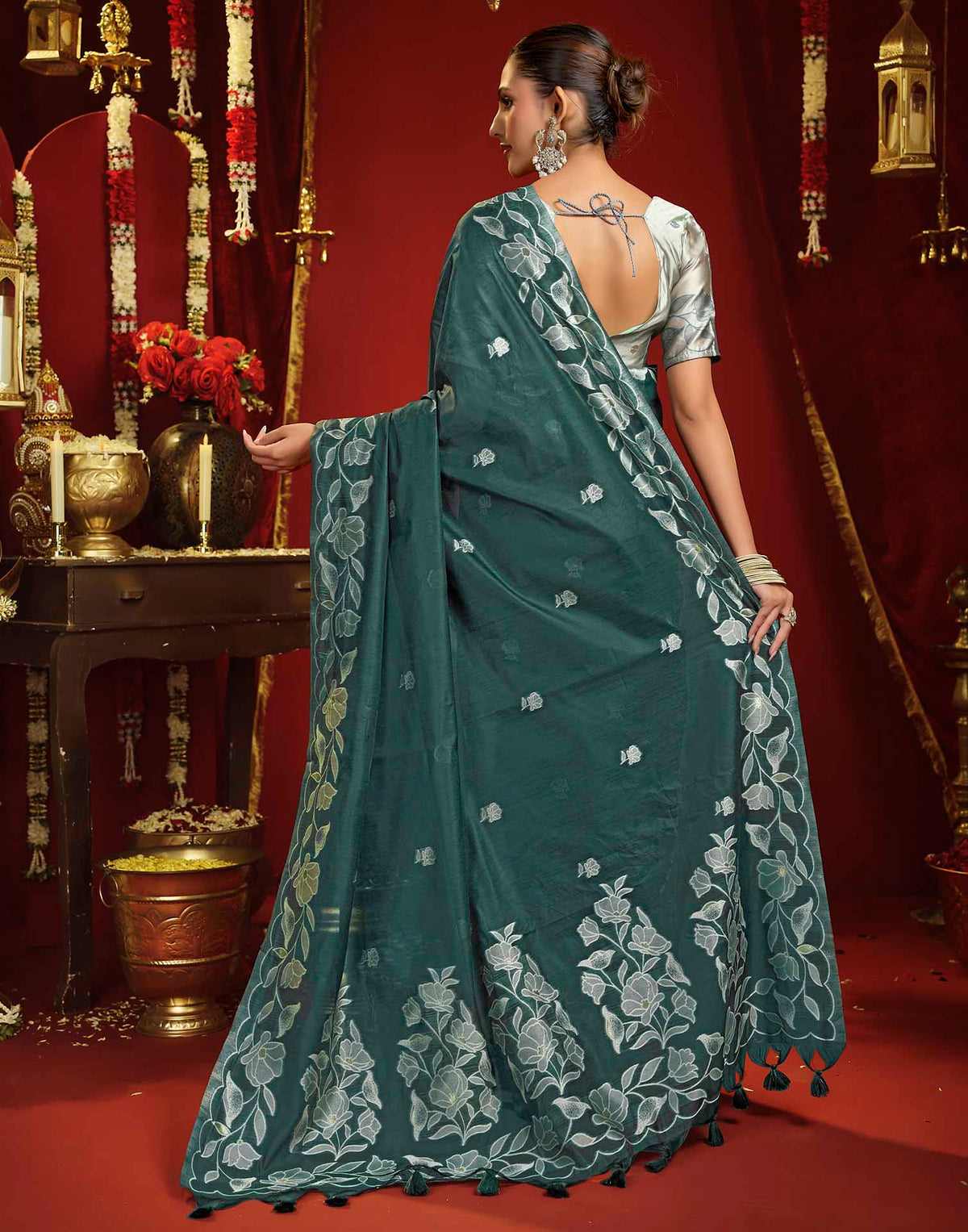 Teal Green Cotton Woven Floral Printed Saree
