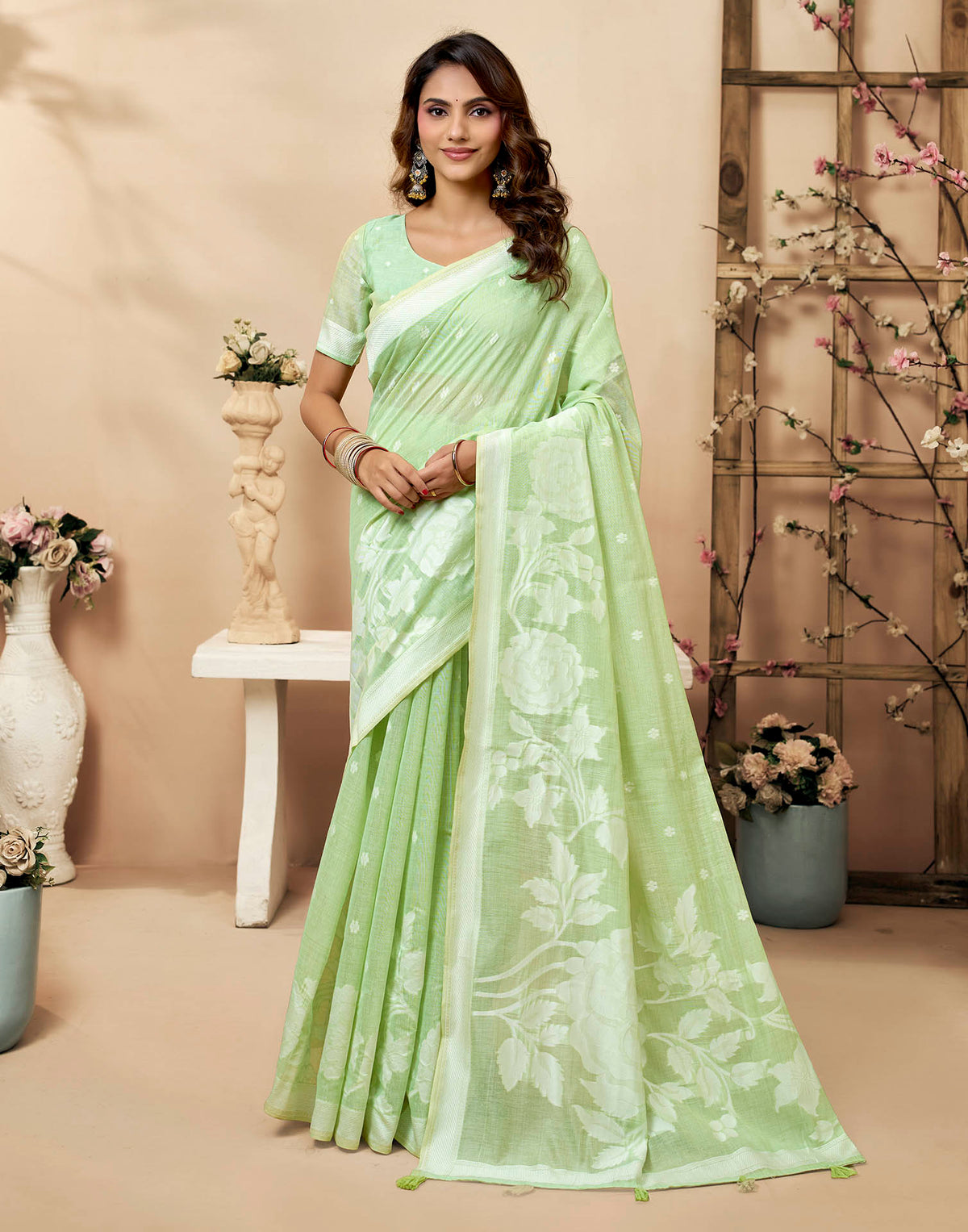 Mint Green Cotton Woven Floral Printed Saree