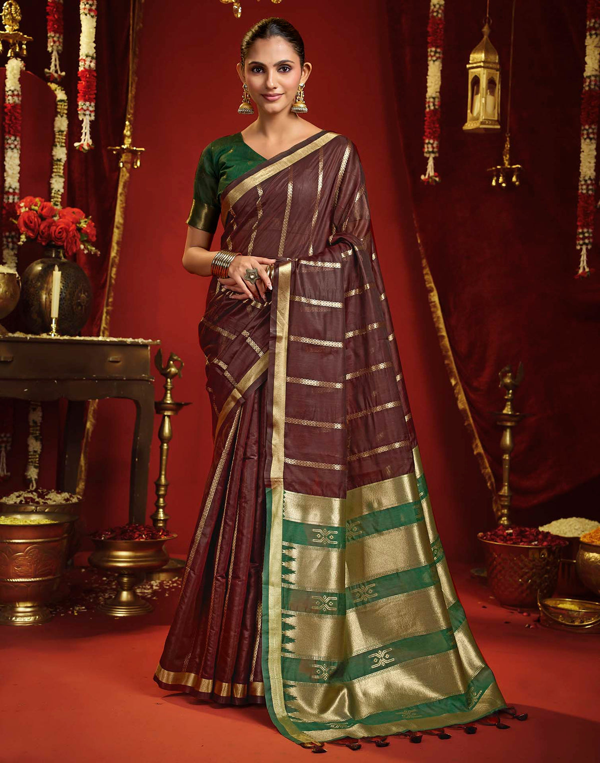 Maroon Cotton Woven Printed Saree
