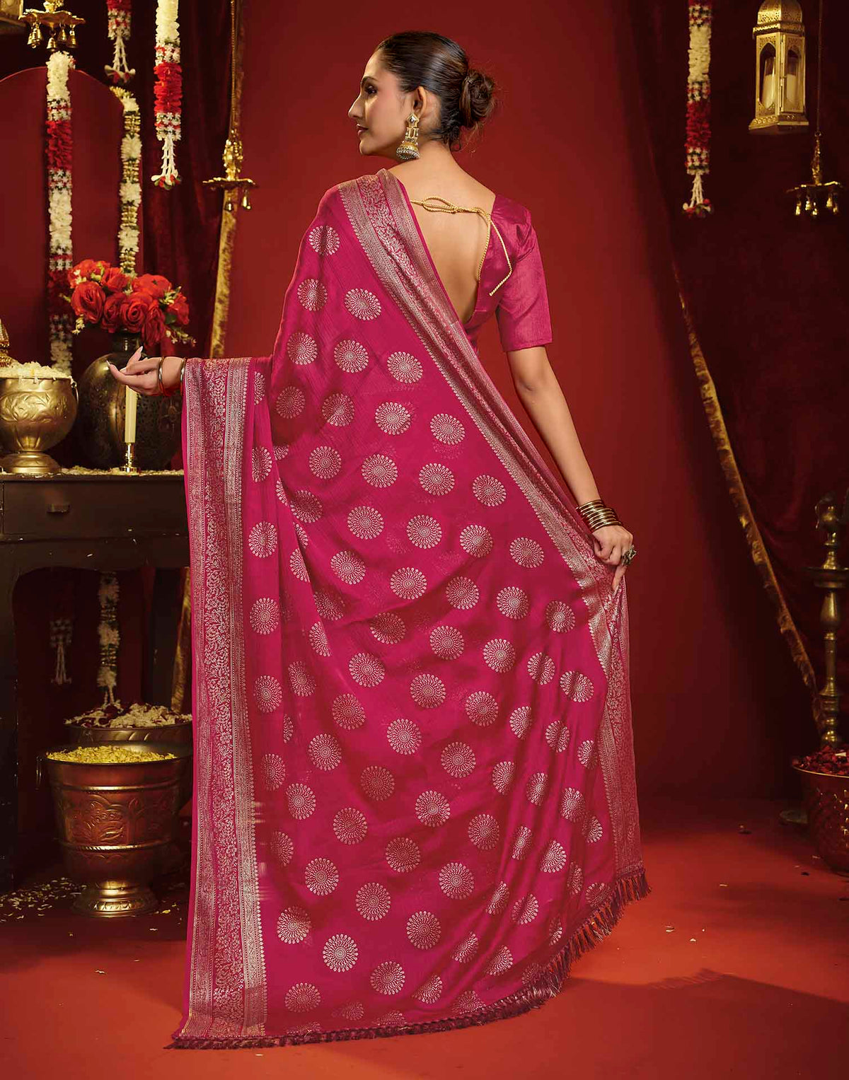 Rani Pink Georgette Foil Printed Saree