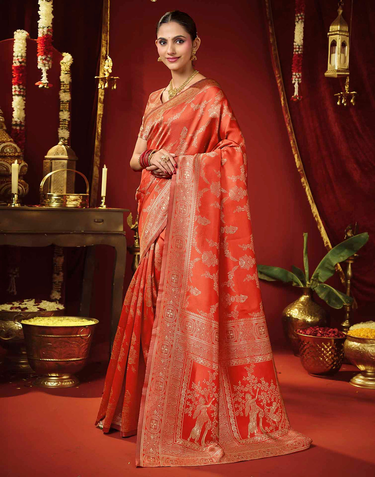 Bright Red Silk Woven Banarasi Saree