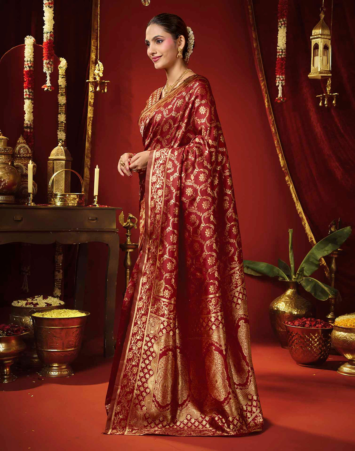 Maroon Silk Woven Banarasi Saree