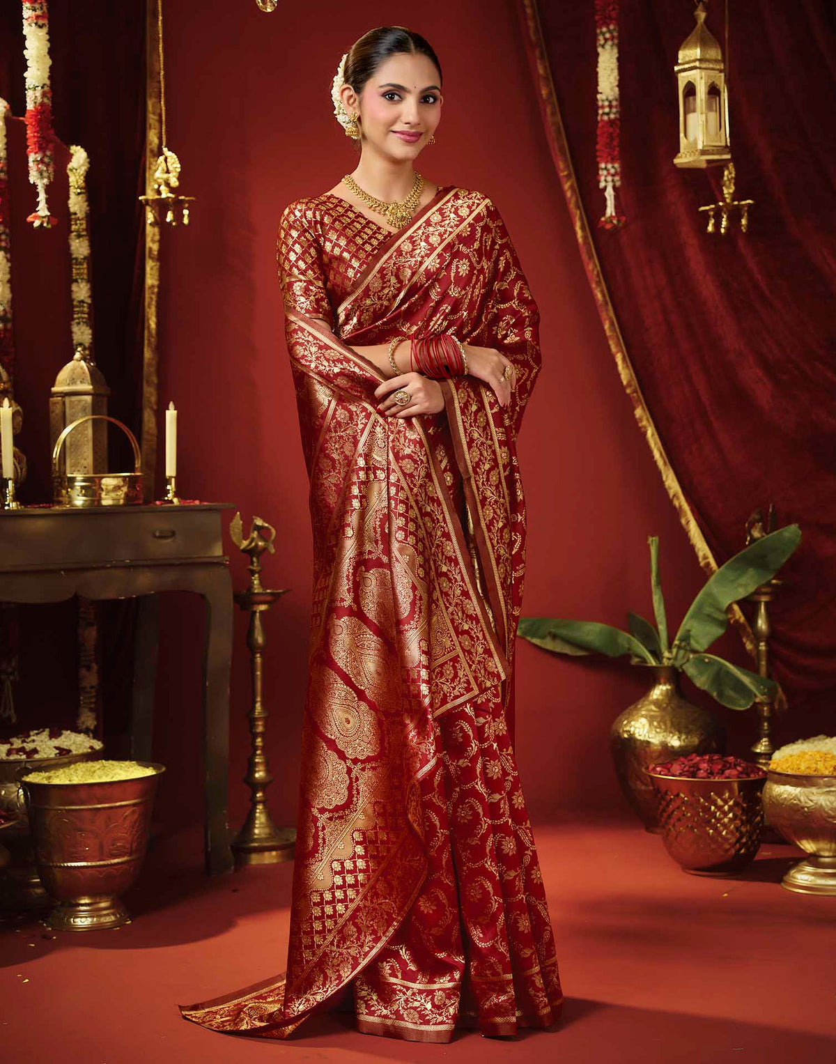 Maroon Silk Woven Banarasi Saree