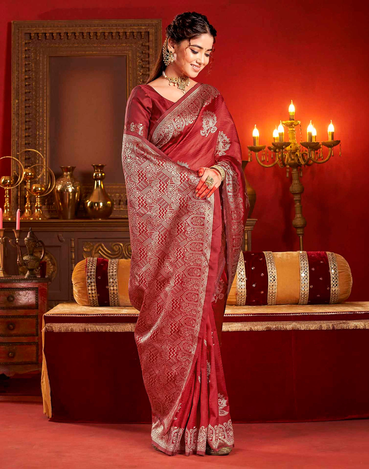 Deep Red Silk Woven Banarasi Saree