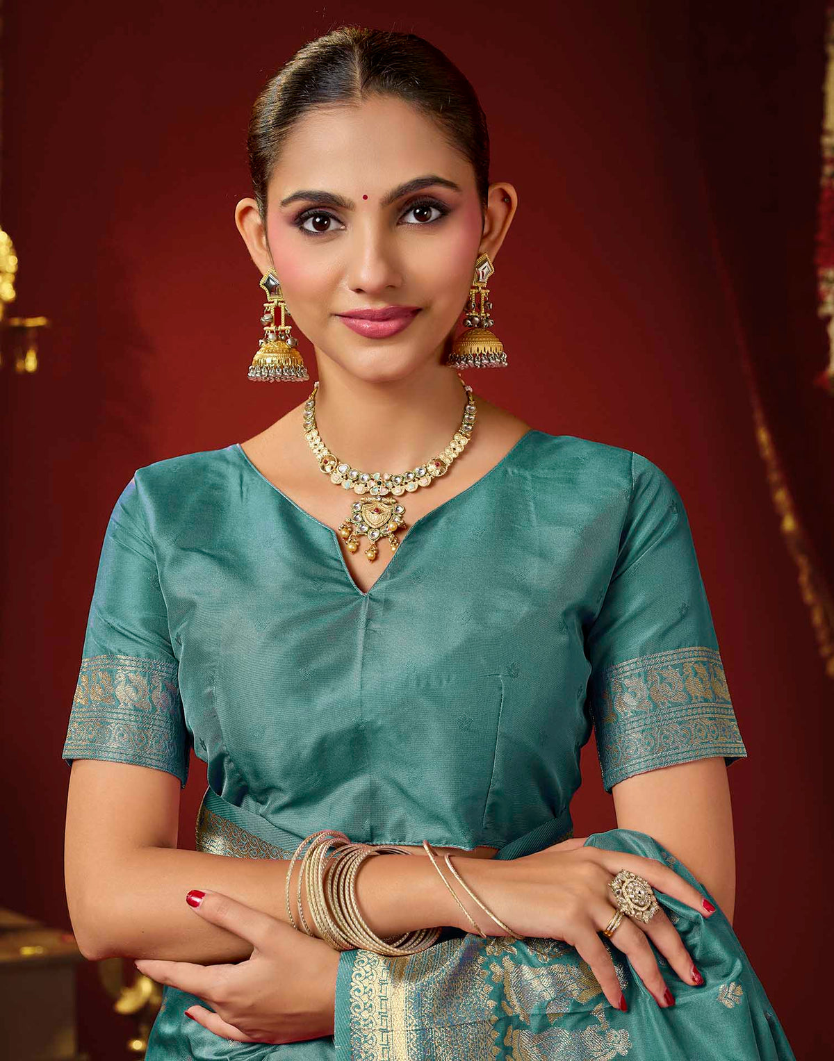 Teal Blue Silk Woven Banarasi Saree