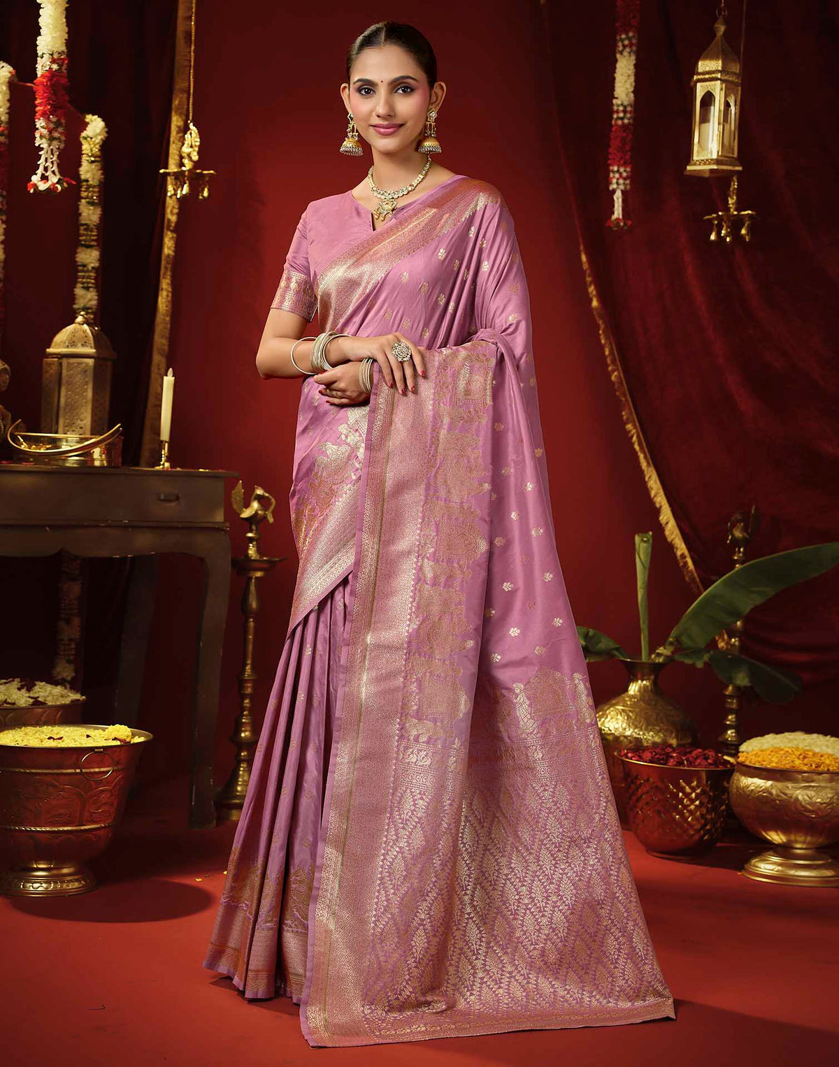 Baby Pink Silk Woven Banarasi Saree