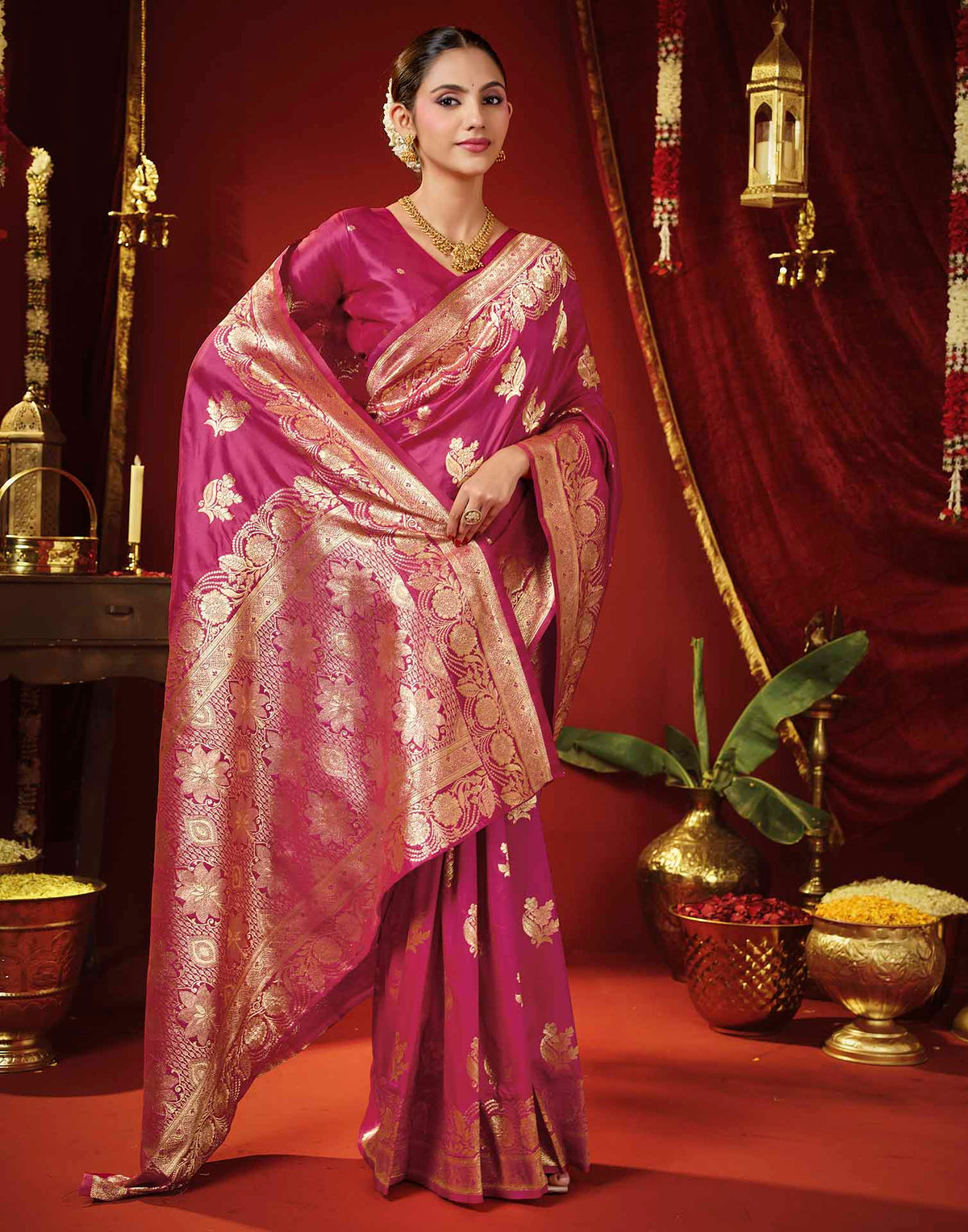 Rani Pink Silk Woven Banarasi Saree