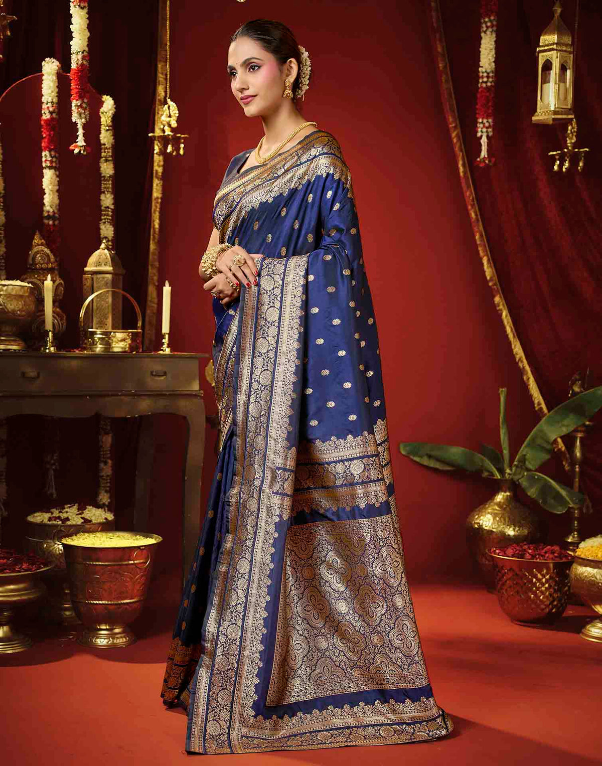 Navy Blue Silk Woven Banarasi Saree