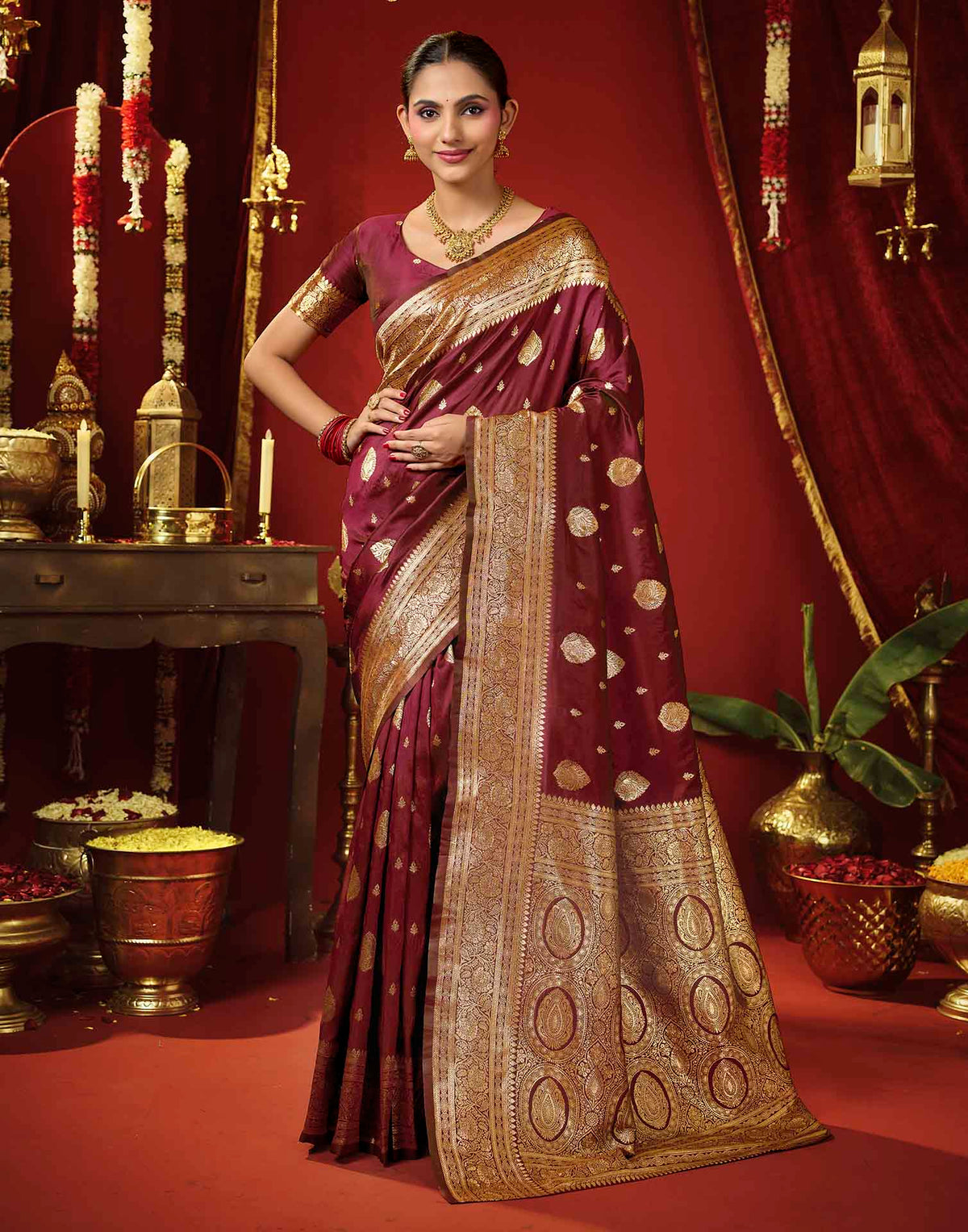 Dark Maroon Silk Woven Banarasi Saree
