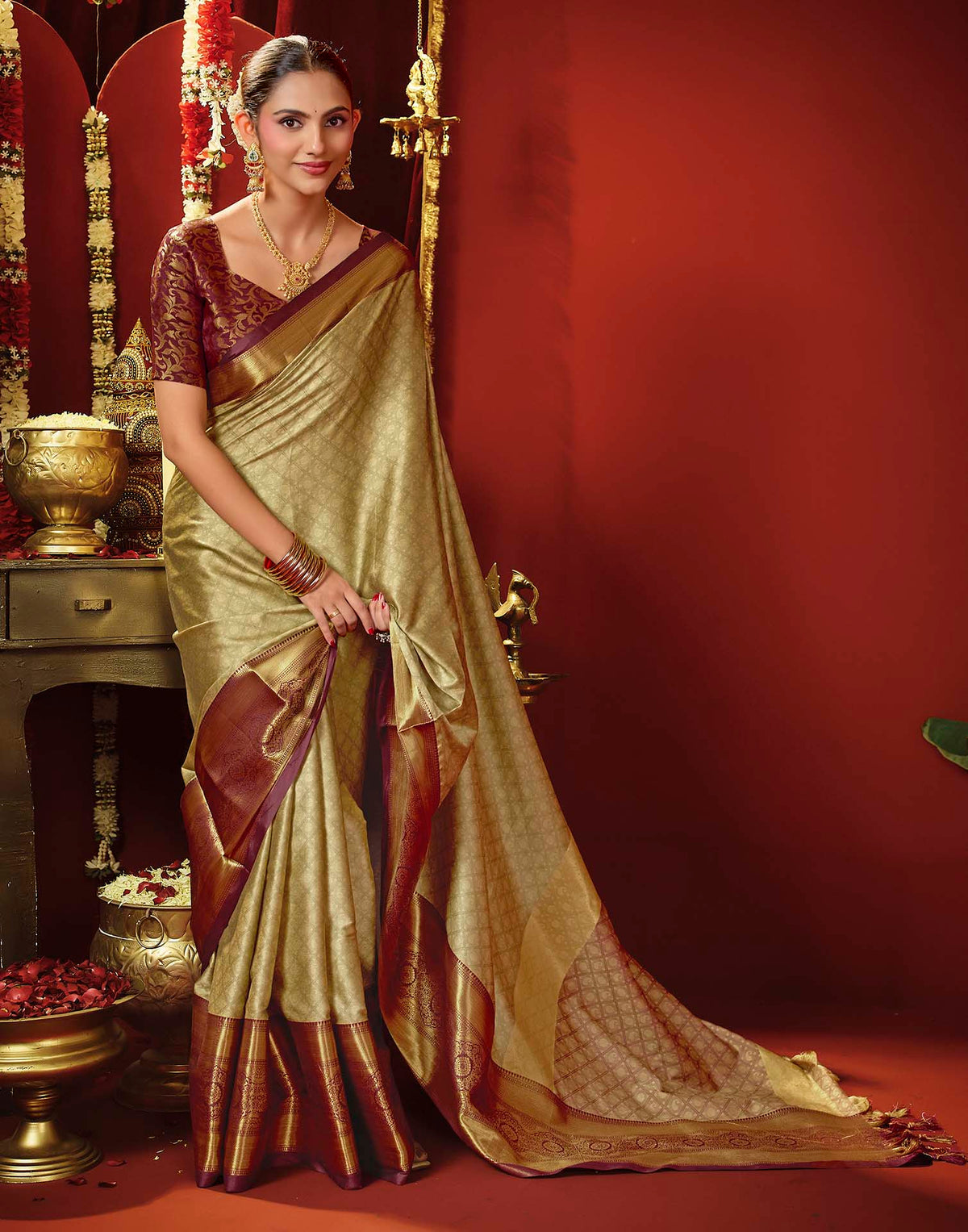 Beige Silk Woven Kanjivaram Saree
