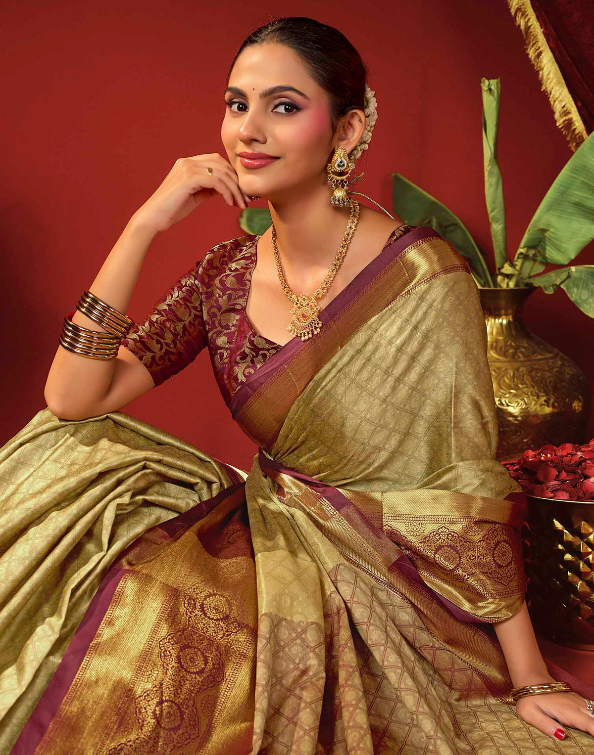 Beige Silk Woven Kanjivaram Saree